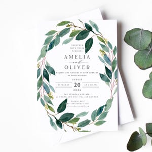 Invitaciones de boda con vegetación, invitaciones de boda con acuarela, sobres kraft o blancos, papel mate texturizado, estilo rústico bohemio n.° 020