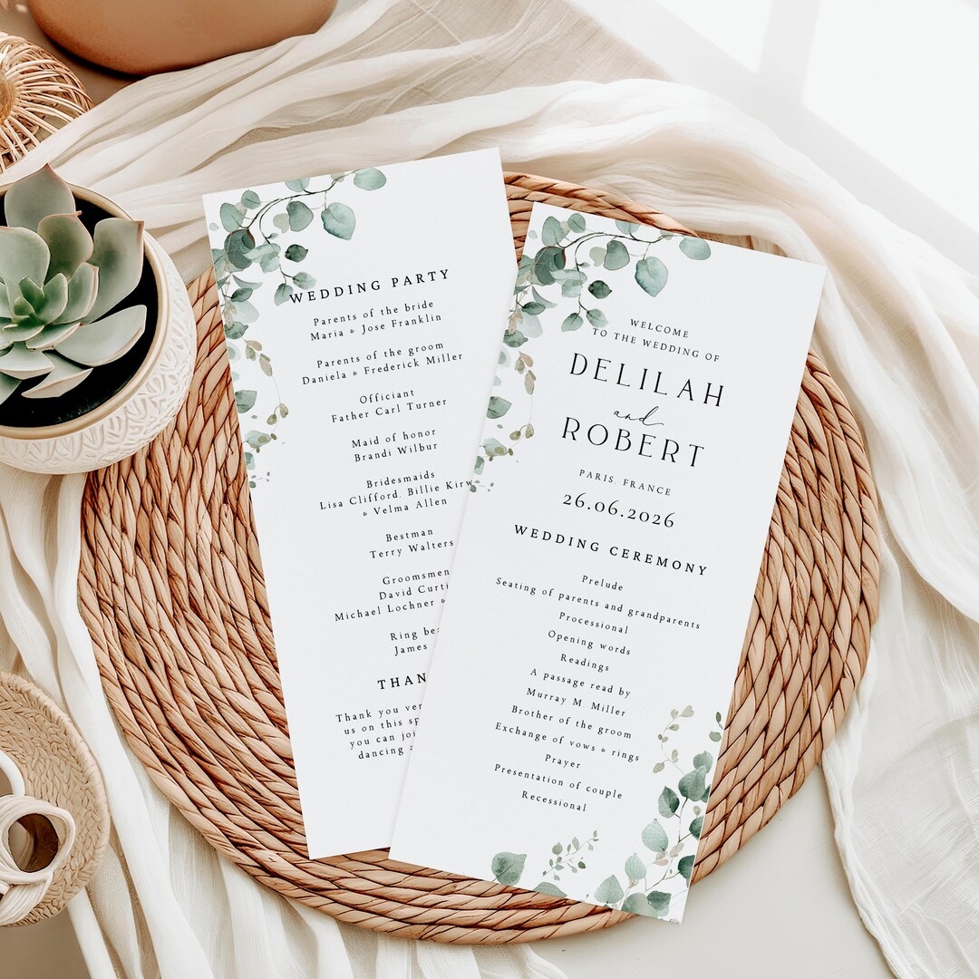 Programme Card Example Uk Wedding Program Cards: Elegant Greenery Ceremony Itinerary, Eucalyptus ...