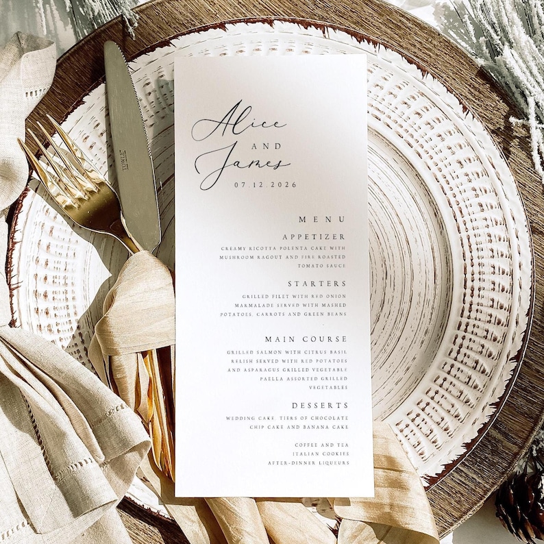 Printed Simple Elegant Wedding Menus, Modern Minimal Printed Menu Card ...