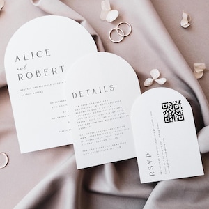 Faire-part de mariage en forme d'arche, cartes d'invitation de mariage imprimées, faire-part de mariage minimaliste arqué, cartes détaillées, carte RSVP à code QR, #ALC