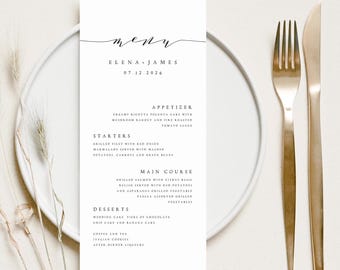 Menú de boda minimalista impreso, escritura moderna, papel texturizado - E002