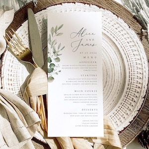 Drukowane zielone liście Eleganckie menu weselne, Minimalistyczna karta menu drukowanego na wesele, Spersonalizowane menu weselne, Karty menu kolacji, #001