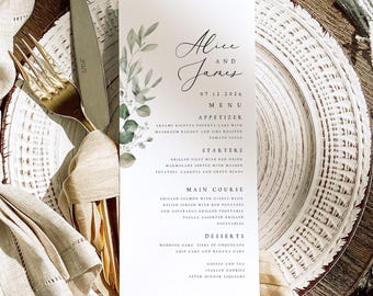 Menù per matrimonio stampato con foglie verdi, elegante fogliame personalizzato, n. 001