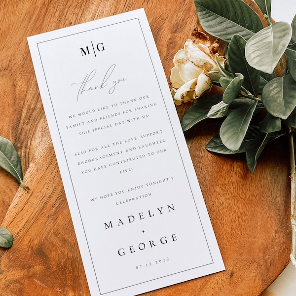 Elegant Thank You Letter, Wedding Napkin Note, Wedding Menu Thank You Editable Template, Minimalist Place Setting Thank You, #MDLN