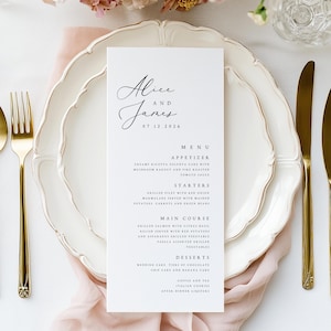 Menù di nozze semplici ed eleganti stampati, menù stampati moderni e minimali per matrimoni, menù di nozze personalizzati, menù per cene, #ALC