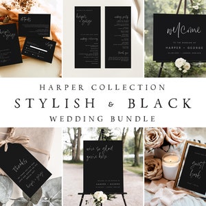 Modern Black Wedding Bundle, Minimalist Wedding Invitation Set, Editable Templates Wedding Stationery, Instant Download, Templett, #HARPR