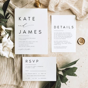 Wedding Invitation Set Template, Modern, Minimalist, 100% Editable Template, INSTANT Download, Invite, RSVP, Details Card, Templett, #KATE