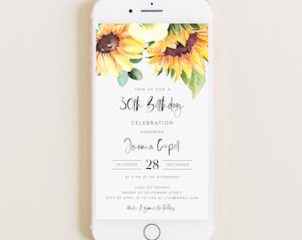 Sunflower Birthday Party Invitation Template Download, Yellow Greenery Floral Rustic Birthday E-vite Edit Yourself (Instant Access) #JOANNA