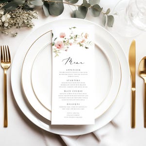 Plantilla de menú de flores silvestres, menú de despedida de soltera para fiesta en el jardín, menú de evento con flores bohemias, menú de boda, descarga instantánea de flores modernas bohemias, #RCHL