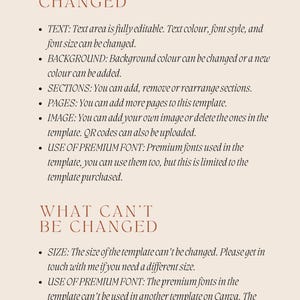 May include: A beige digital template design with text in a dark brown font. The text lists what can and can't be changed, including text, background, sections, pages, and images. The template size and premium fonts are not changeable.