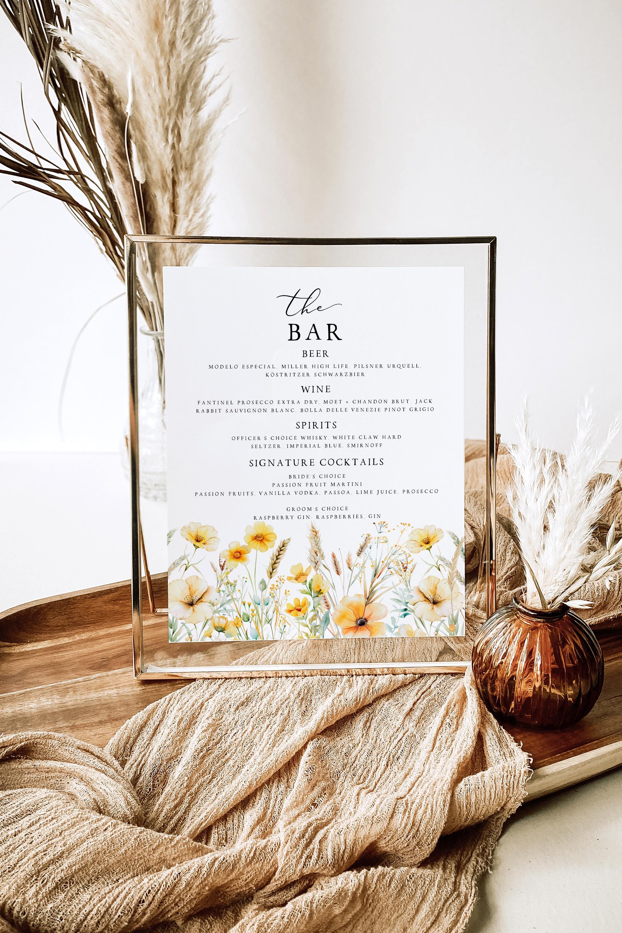 Canva Wedding Bar Sign Template: Yellow Wildflower Summer Florals ...