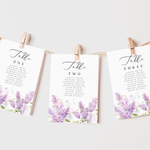 Lavendel Floral Sitzplan Karten Vorlage, eleganter lila Sitzplan, Tischnummern, druckbare Vorlage Sofort-Download, #ALCL