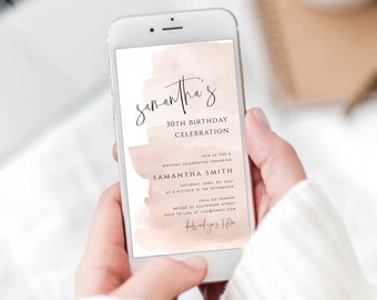 Blush Pink Watercolor Birthday Evite, Online Celebration (Digital Download) - SAMAN