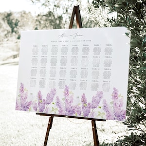 Plano de mesas para boda morado, plantilla de plano de asientos para boda lavanda, letrero de asientos para boda lila editable e imprimible, descarga instantánea, #ALCL