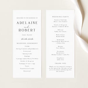 May include: Two elegant wedding ceremony programs with black text on a white background. The left program lists the wedding details, including the couple's names, date, and ceremony order. The right program lists the wedding party and a thank you message.
