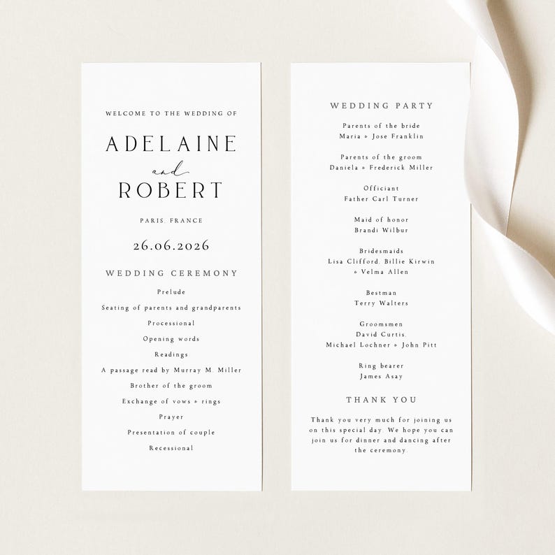May include: Two elegant wedding ceremony programs with black text on a white background. The left program lists the wedding details, including the couple's names, date, and ceremony order. The right program lists the wedding party and a thank you message.