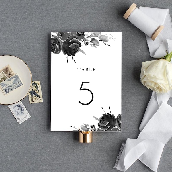 Floral Table Number Template, Printable, Editable Wedding Table Numbers, Black & White, Rustic, Instant Download, Modern, Templett, #CLAUD