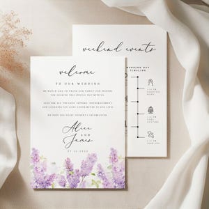 Modello di itinerario per il weekend di nozze, modello di busta di benvenuto per matrimonio, itinerario per il giorno delle nozze viola lavanda e lilla scaricabile immediatamente, #ALCL