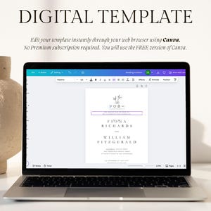 May include: A laptop displays a wedding invitation template with the text "Instant Download DIGITAL TEMPLATE." The screen shows a design with the names "Fiona Richards and William Fitzgerald." Instructions are numbered 1-3, guiding users through the process.
