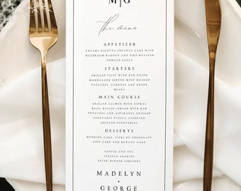 Modern Wedding Menu Template, Minimalist Dinner Menu with Initials & Border, Editable Printable Wedding Decor, Instant Download, MDLN