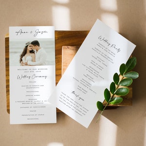 Plantillas modernas para programas de boda, orden del servicio de la ceremonia con fotos, programa imprimible minimalista, menús de cena de recepción, editables, #ANNE