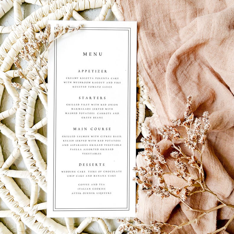 Wedding Menu Cards Printed, Modern and Minimalist Professionally Printed Event Wedding Dinner Menu, 300gsm Hammered Cardstock