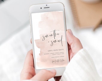 May include: A digital save the date card with a watercolor background in shades of pink. The text reads "Samantha & Samuel Save Our Date Saturday, August Twenty Fourth Twenty-Twenty One Miami Beach, Florida"