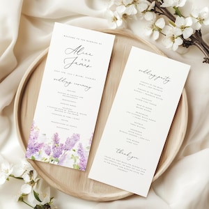 Sjabloon bruiloftsprogramma's lavendel, lila boho-ceremonieprogramma, bloemen elegant groen paars route, afdrukbaar, instant download #ALCL