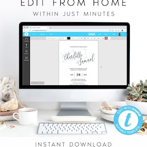 May include: A computer screen displaying a wedding invitation template with the text "Together with their families, Charlotte & Samuel, Saturday, September 24th, Two Thousand Nineteen, 3 o'clock in the afternoon, The Magnolia and Hill Garden" on a white background. The screen is surrounded by a blue border and the text "Edit with Templett, Editable Template" is visible in the lower right corner of the image.