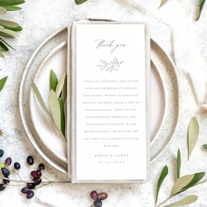 Modelo de carta de agradecimento elegante, bilhete para guardanapo de casamento, menu de casamento botânico editável, agradecimento minimalista para mesa de jantar #ADELE