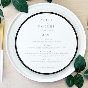 Runde Menükarte bedruckt mit schwarzem Rand, Kreis-Menü, Bedruckte Hochzeitspapeterie, Menükarten für Hochzeit, minimalistisch, elegant, #ALC