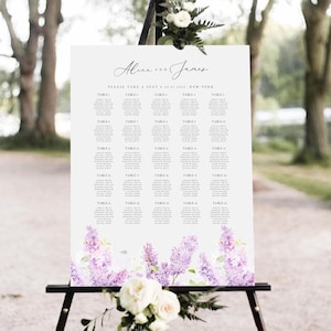 Plantilla de plano de asientos para boda, plano de asientos para boda en tonos lavanda, letrero imprimible con plano de asientos, plano de asientos para boda con flores en tonos morado y lila, #ALCL