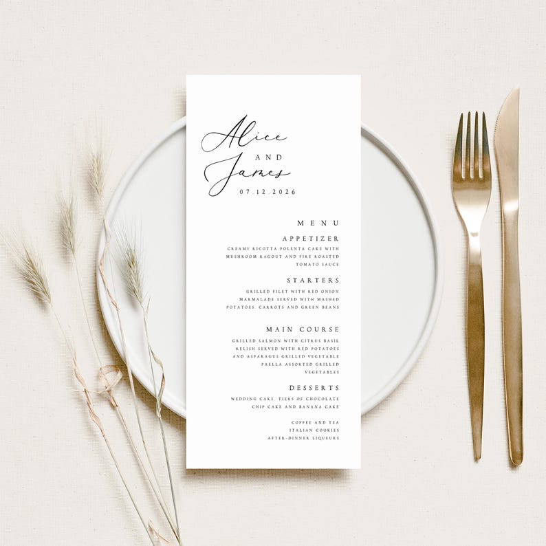 Modern Wedding Menu Template, Minimalist Printable Wedding Menu, Wedding Dinner Menu, Digital Download Editable Menu Template