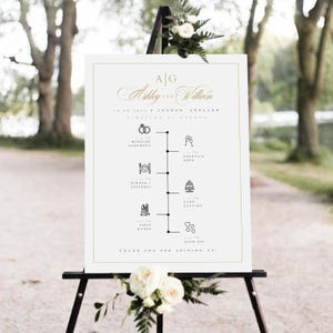 May include: A white wedding sign with a gold border and black text. The sign reads "A|G Ashley and William 18th July, London, England Timeline of Events" and lists the wedding ceremony, cocktail hour, dinner and speeches, cake cutting, first dance, and send off times.