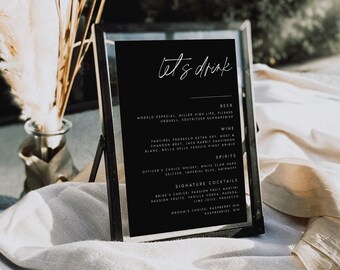 Editable Wedding Bar Menu Sign Black, Minimalist, Modern Menu Sign Template, Modern Wedding Sign, DIY, Instant Download, Templett, #BRGT