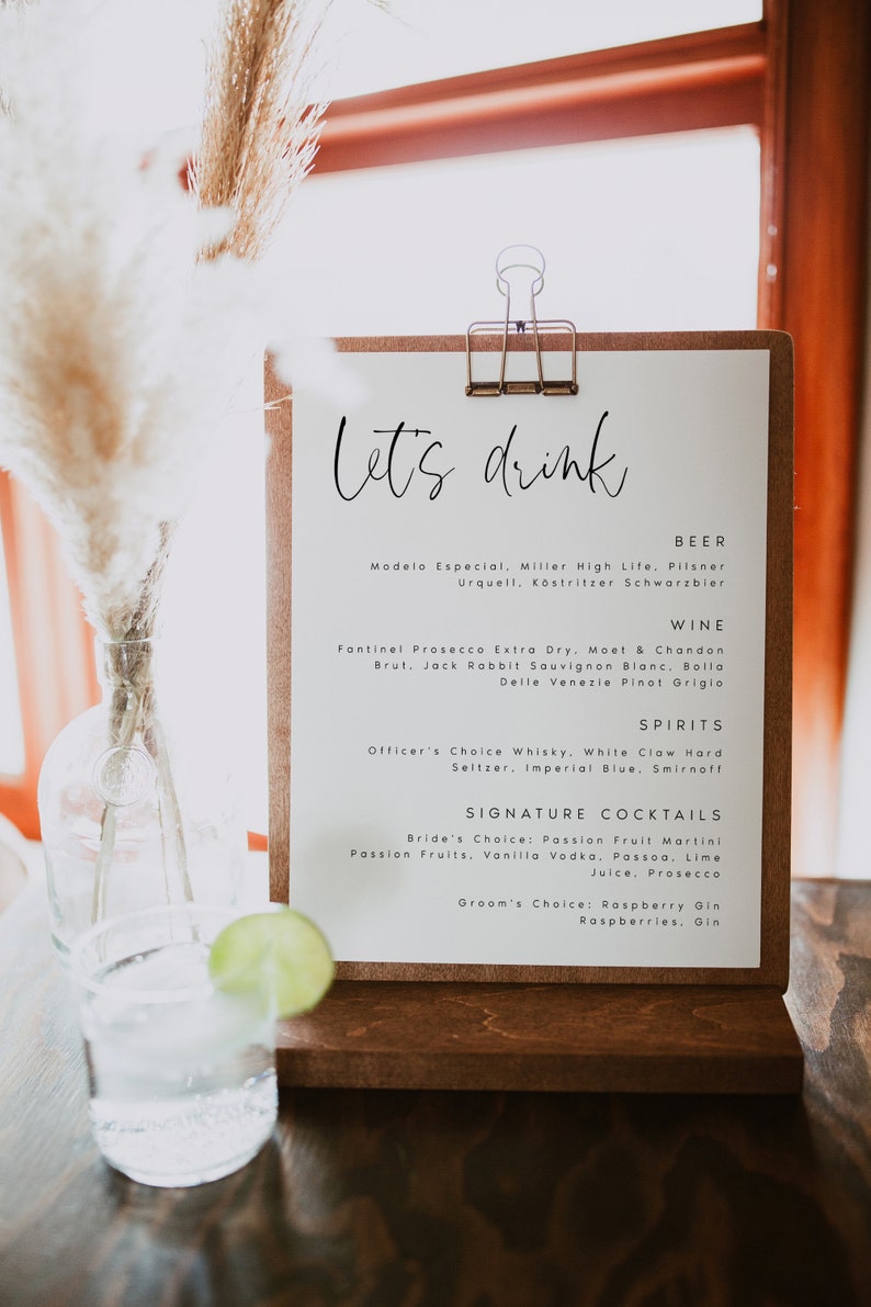 Editable Wedding Bar Menu Sign, Minimalist, Modern Menu Sign Template, Modern Wedding Sign, DIY, Instant Download, Templett, HARTH image 1