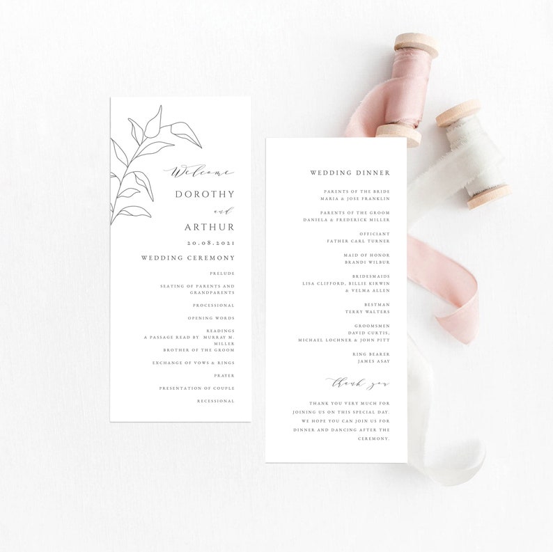 Botanical Wedding Program, Printable Wedding Ceremony Program, Fine Art Wedding Program Template, Minimalist, Edit with TEMPLETT, DOROTHY image 2