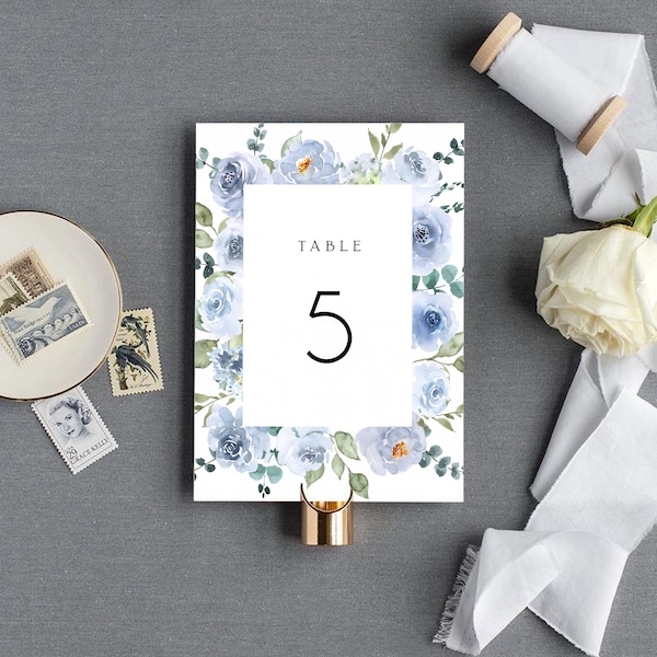 Minimalist Table Number Template, Printable, Editable Wedding Table Numbers, Dusty Blue, DIY, Instant Download, Floral, Templett, #ELENA