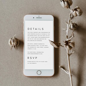 May include: A white smartphone with a black screen displaying details for a wedding. The text on the screen includes the hotel name, address, and website, as well as instructions for making reservations and RSVPing. The phone is sitting on a brown surface with a dried flower stem.