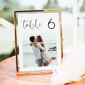 Plantilla de número de mesa con foto, imprimible, para boda, con escritura moderna, caligráfica, elegante, editable, descarga digital, instantánea, Templett, #HARTH