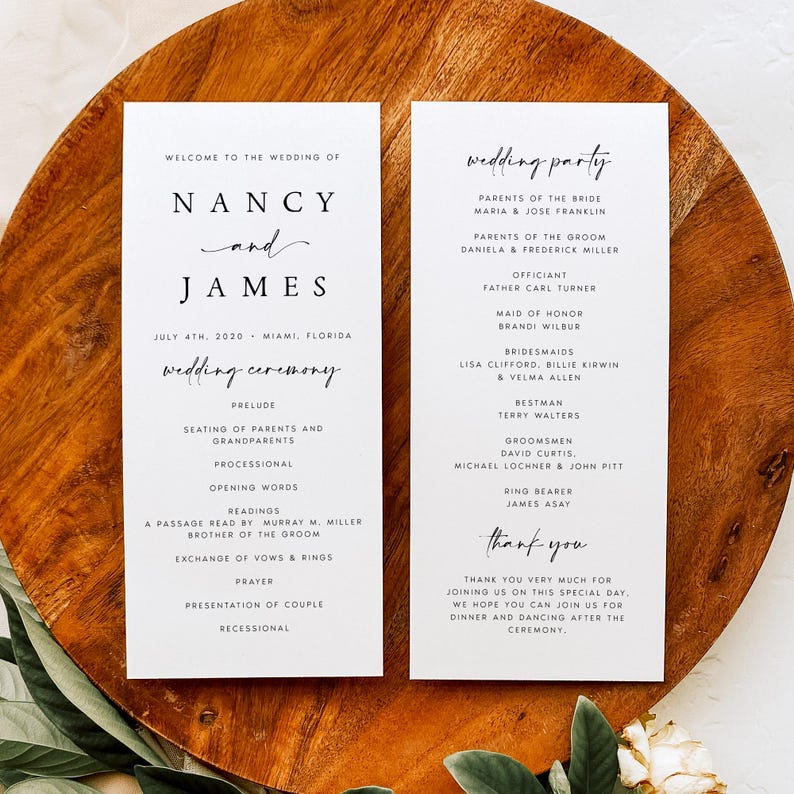 BOHO Wedding Program Template, Minimalist Order of Service Printable ...