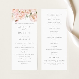 May include: Elegant wedding program featuring a floral design in soft pink and green hues. The program includes the names Alyssa and Robert, the wedding date, and the ceremony details. The right side lists the wedding party.