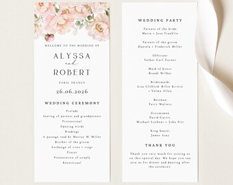 FLORAL Wedding Program Template, Elegant Pink Peony Wedding Ceremony Order of Service, Editable Canva Printable, Minimalist, ALYSSA