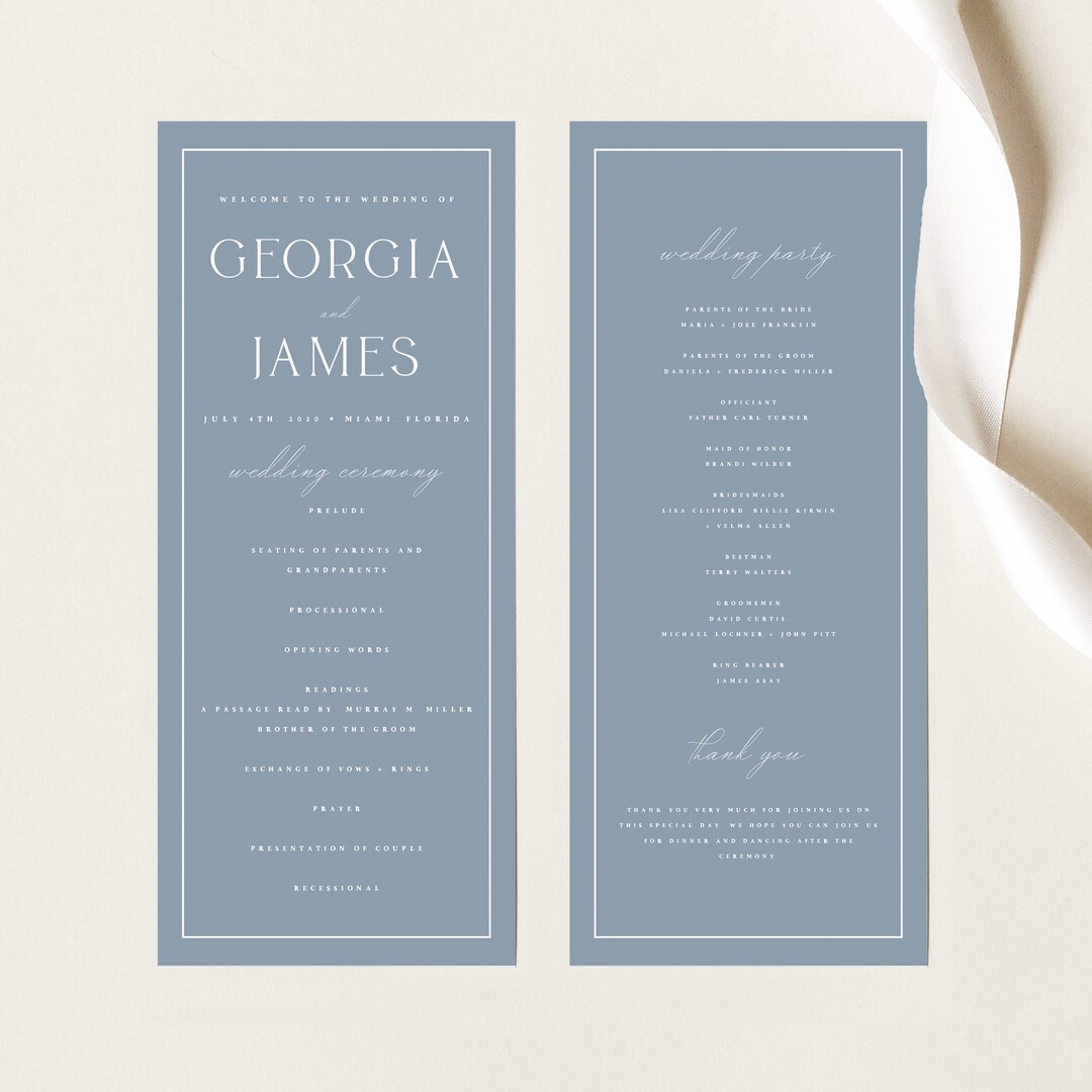 Dusty Blue Wedding Program Template, Minimalist Order of Service