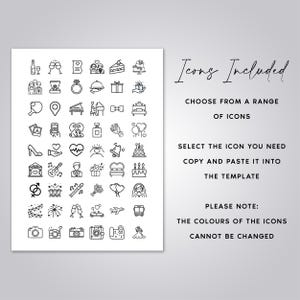 May include: A black and white graphic sheet with 48 wedding icons. The icons include a champagne flute, a wedding ring, a cake, a bouquet of flowers, a heart, a bell, a guitar, a plane, a bus, a camera, and a wedding dress.