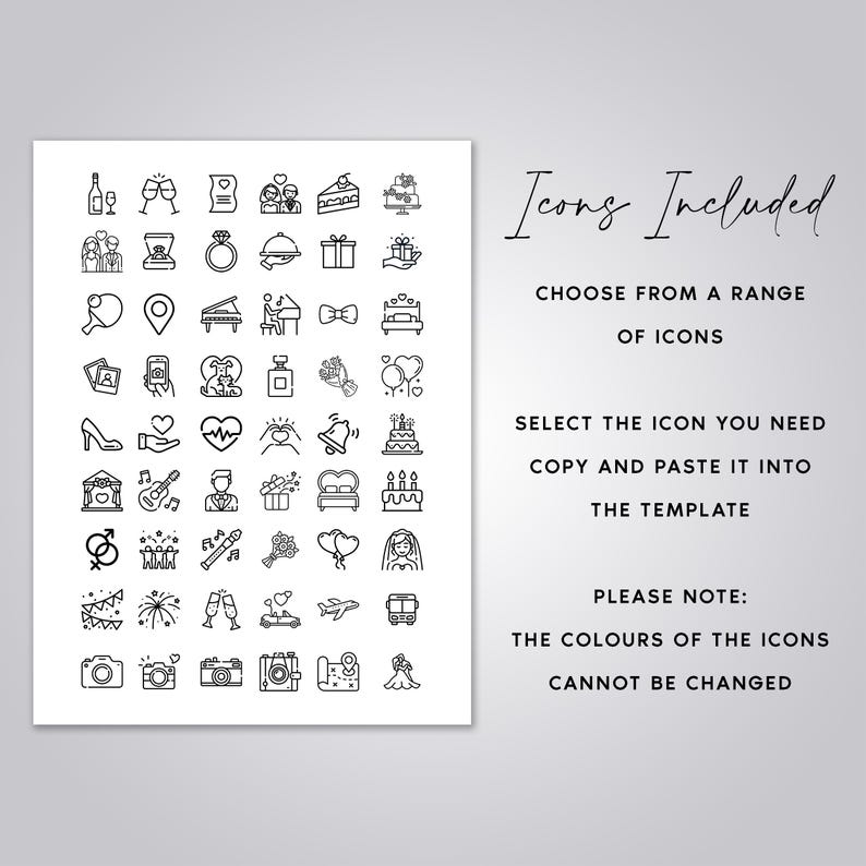 May include: A black and white graphic sheet with 48 wedding icons. The icons include a champagne flute, a wedding ring, a cake, a bouquet of flowers, a heart, a bell, a guitar, a plane, a bus, a camera, and a wedding dress.