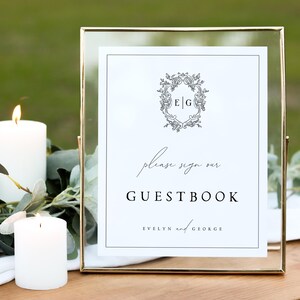 Wedding Guestbook Sign Template, Crest & Monogram Guestbook Table Sign, Wedding Signs, Digital Download, DIY, Edit Yourself, Templett, #EVE