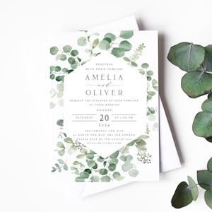 Conjunto de invitaciones de boda con vegetación, invitaciones de boda con acuarela, sobres kraft o blancos, papel mate texturizado, estilo rústico bohemio n.° 017