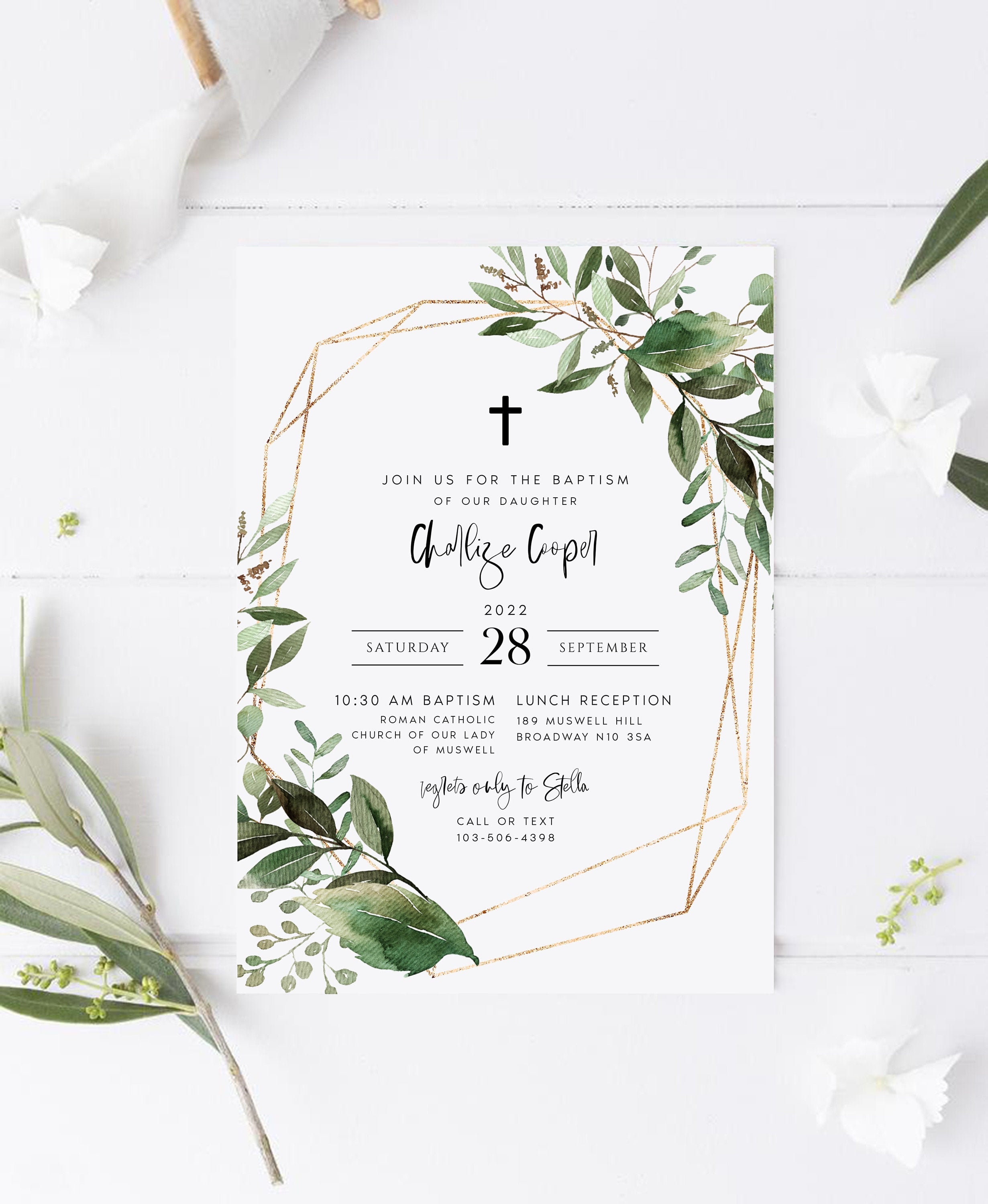 Editable Baptism Invitation Template, Greenery Printable Christening  Invite, Rustic, Faux Gold, INSTANT DOWNLOAD, Templett, #CHARLIZE In Blank Christening Invitation Templates