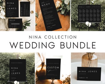 Modern Wedding Bundle, Minimalist Wedding Invitation Set, BLACK Editable Templates Wedding Stationery, Instant Download, Templett, #NINA